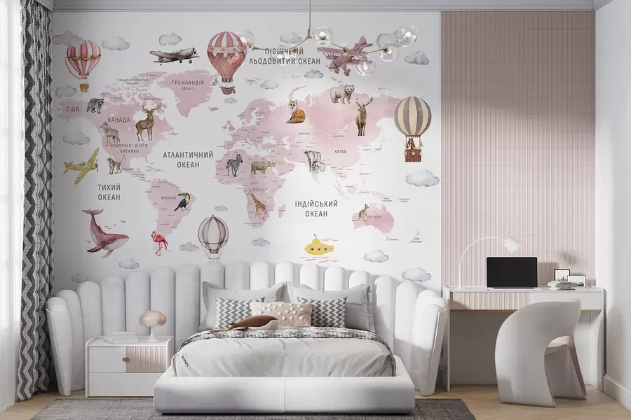 wall murals Children's map in watercolour style with animals and hot air balloons. Ukrainian language. Pink colour. c00001ukv3