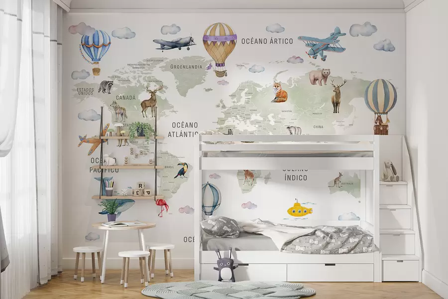 wall murals Children's map in watercolour style with animals and hot air balloons. Spanish language. Green colour. c00001es