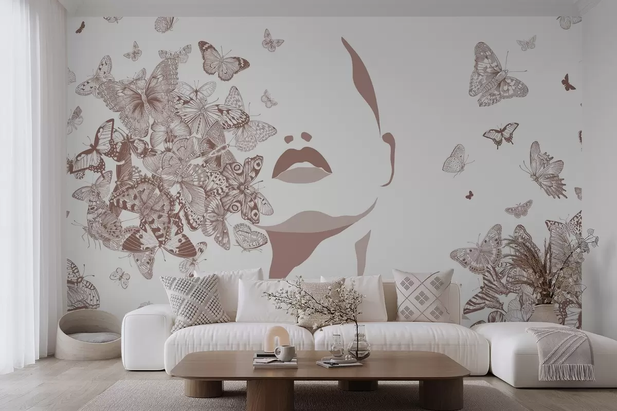 wall murals Silhouette of a face among butterflies w04778