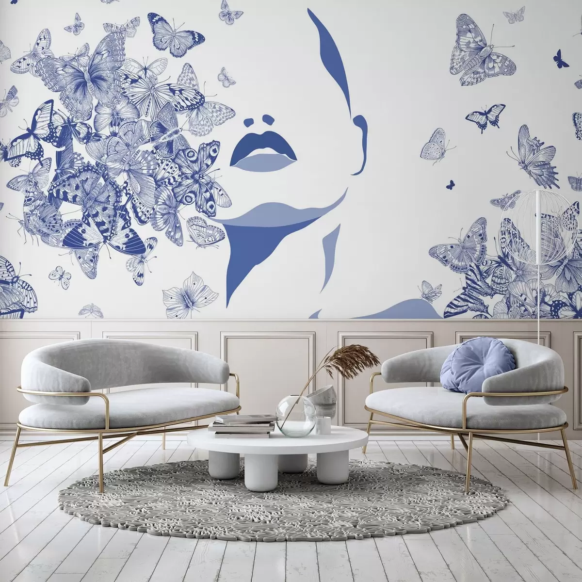wall murals Silhouette of a face among butterflies w04778v1