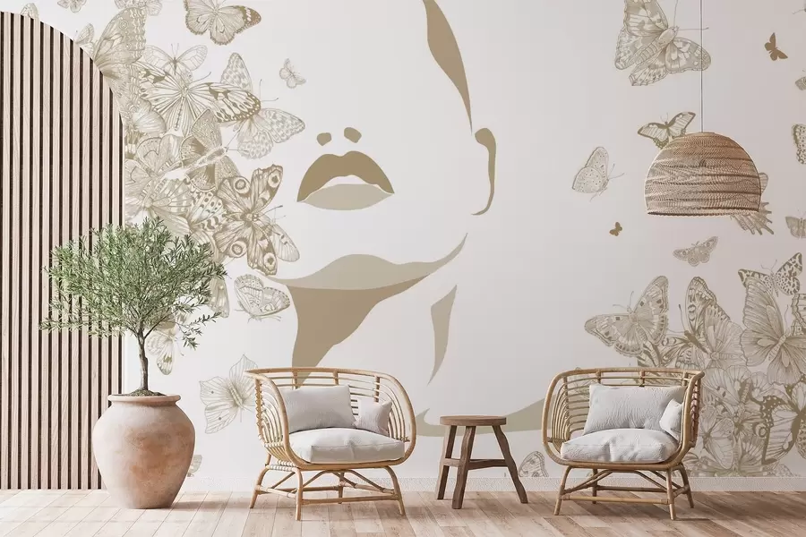 wall murals Silhouette of a face among butterflies w04778v2