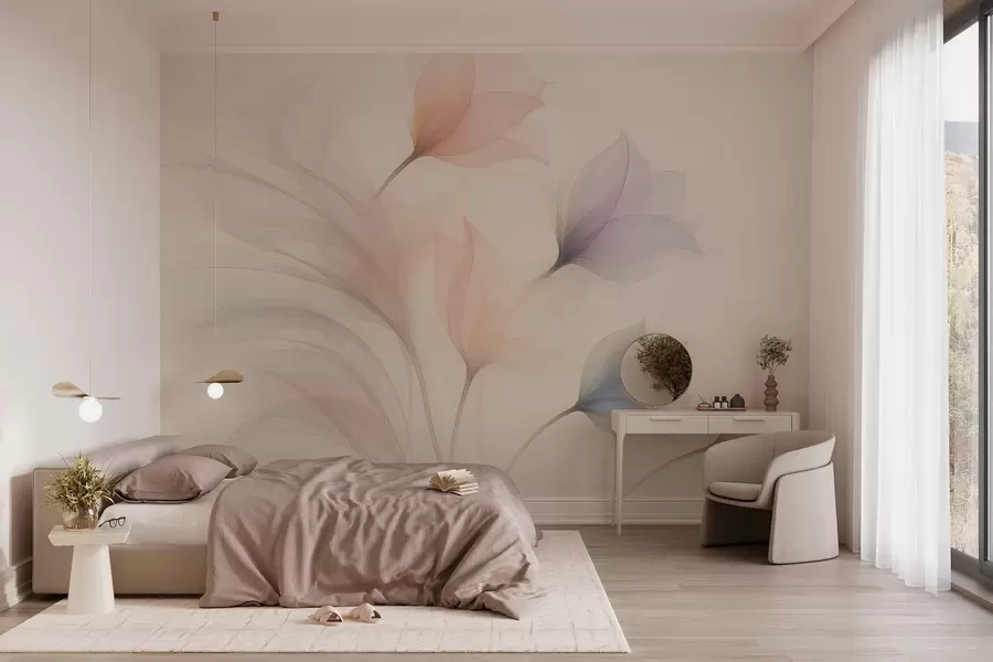 wall murals delicate semi-transparent tulips on a beige background w04754