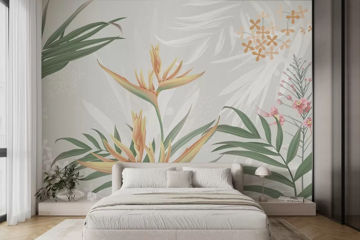 wall murals Exotic Strelitzia flowers in foliage w04783