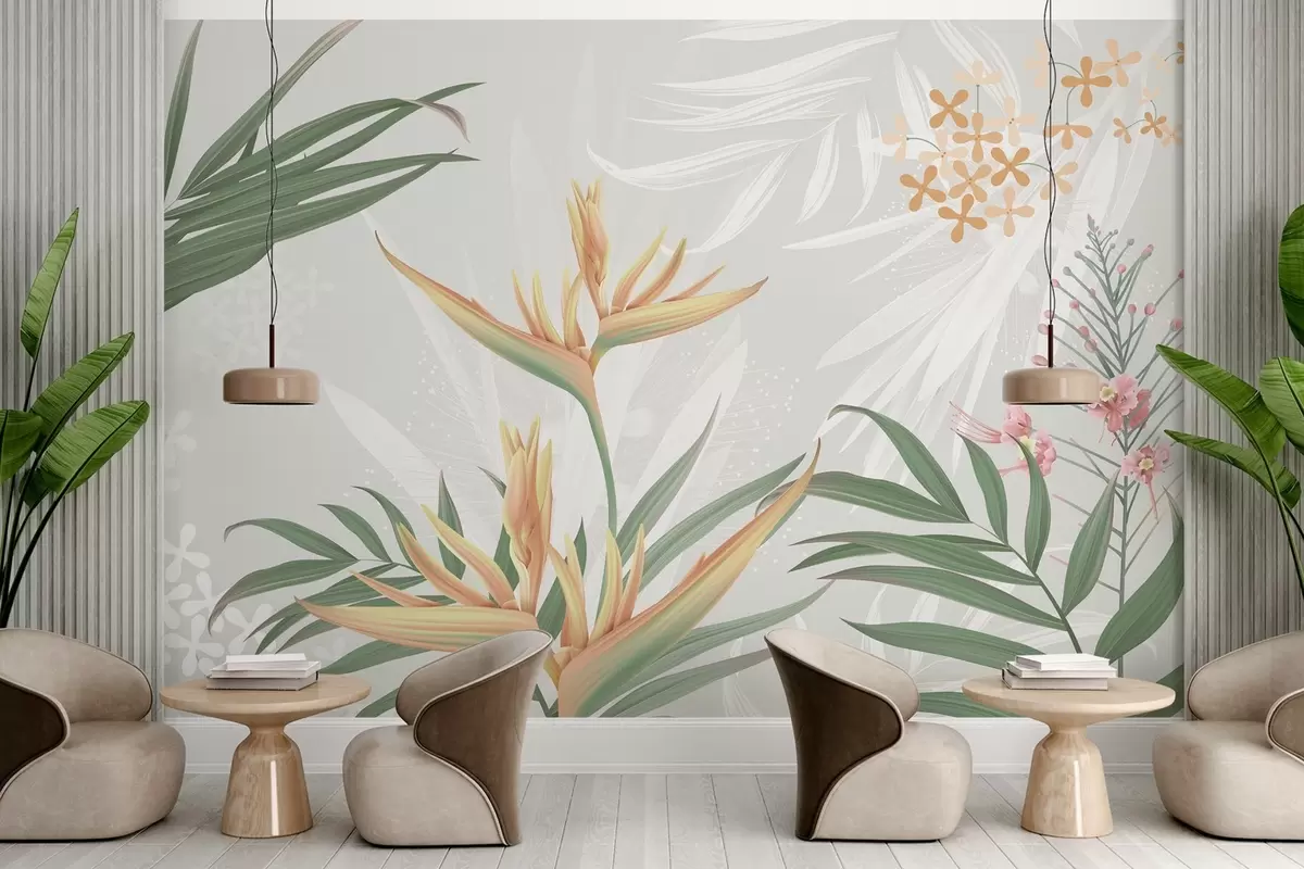 wall murals Exotic Strelitzia flowers in foliage w04783