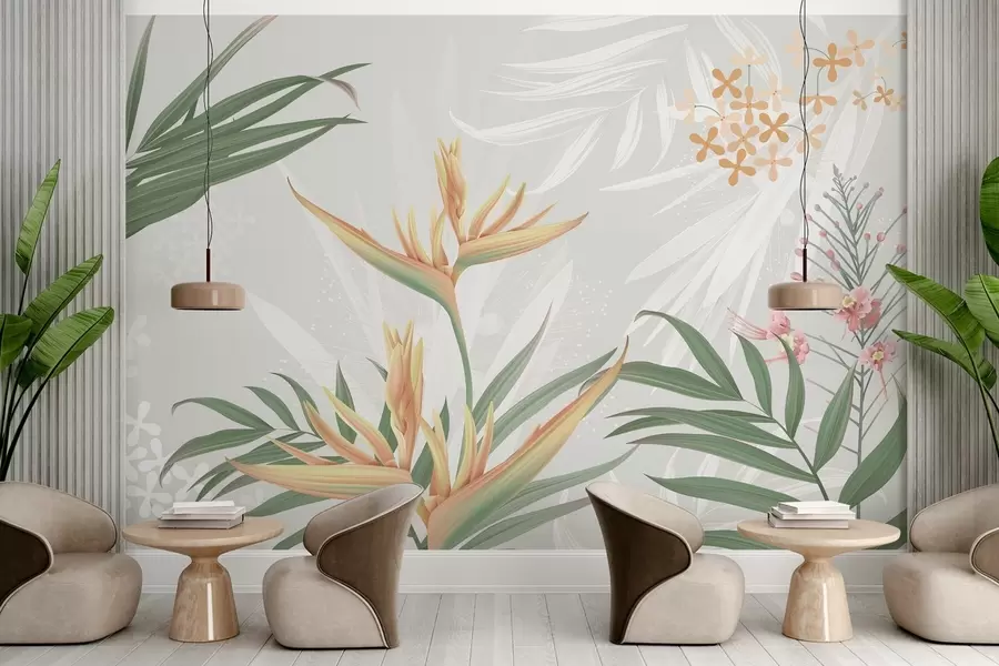 wall murals Exotic Strelitzia flowers in foliage w04783