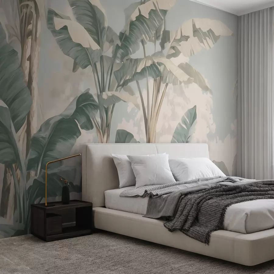 wall murals Tropical banana leaves in soft pastel tones w09311