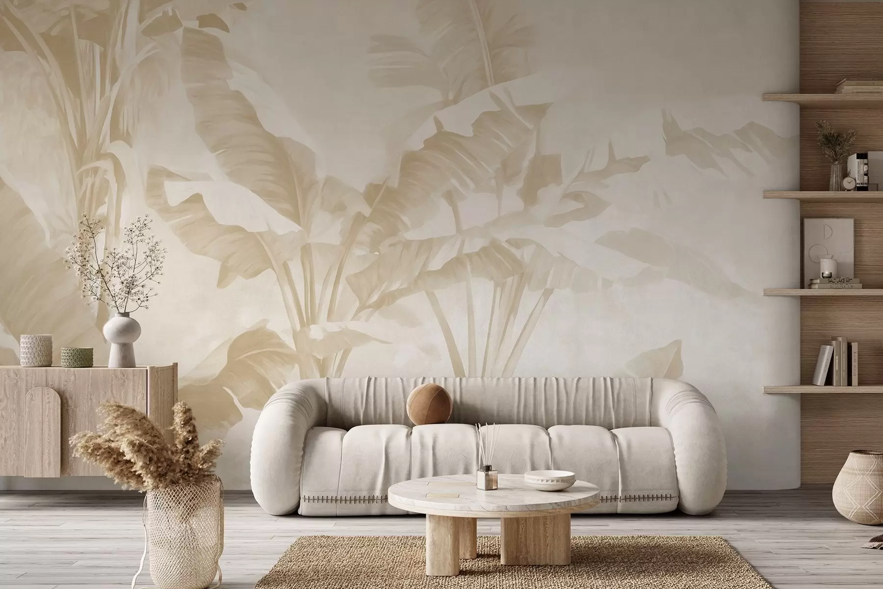 wall murals Tropical banana leaves in soft beige tones w09311v2