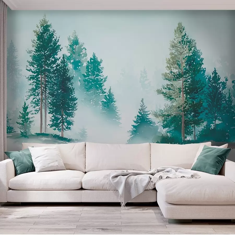 wall murals Misty pine forest in watercolor style w09444