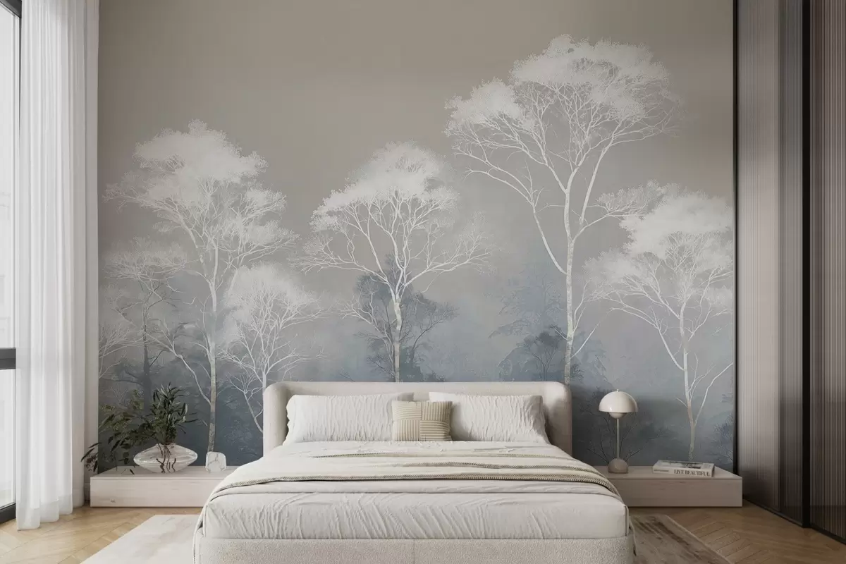 wall murals Minimalist trees in blue-gray palette, in fog w09448