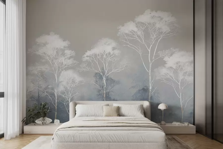 wall murals Minimalist trees in blue-gray palette, in fog w09448