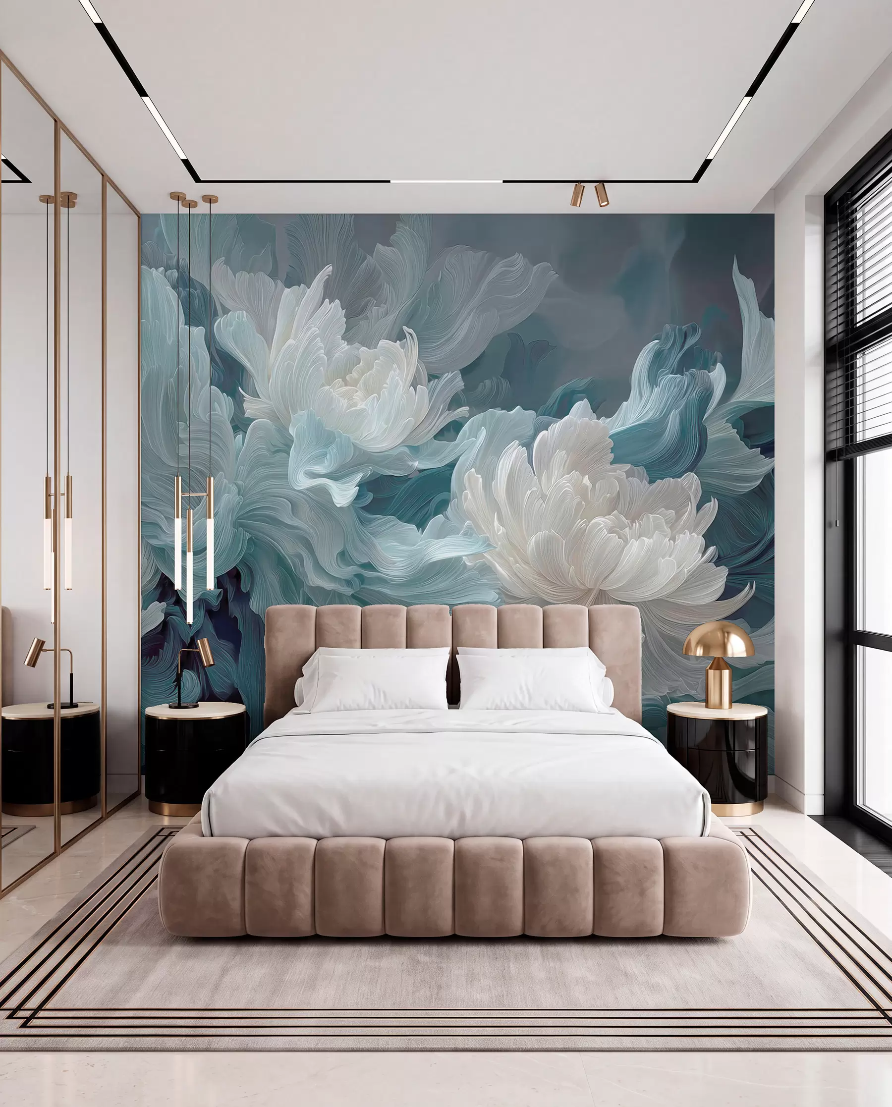 wall murals Blue Flowers on Teal w09452