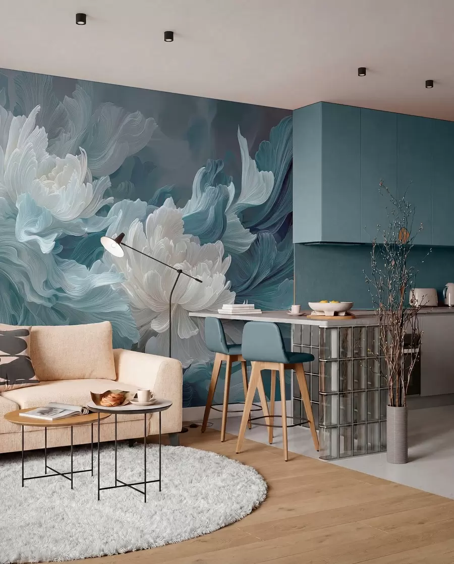 wall murals Abstract flowers in blue and turquoise shades w09452