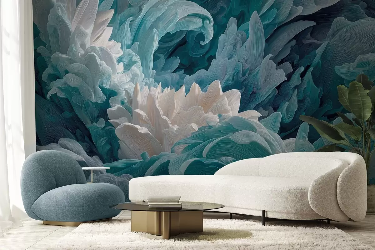 wall murals Dance of petals and ocean waves in blue hues w09454