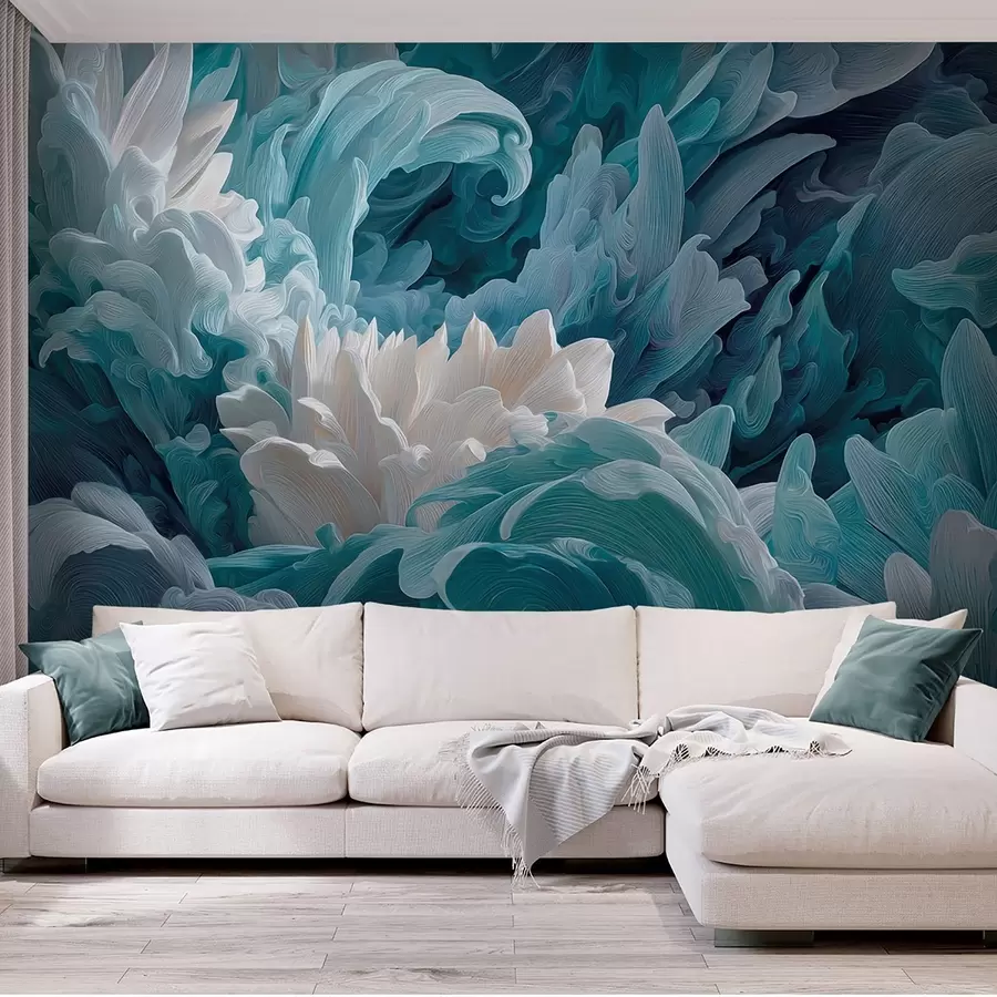 wall murals Dance of petals and ocean waves in blue hues w09454