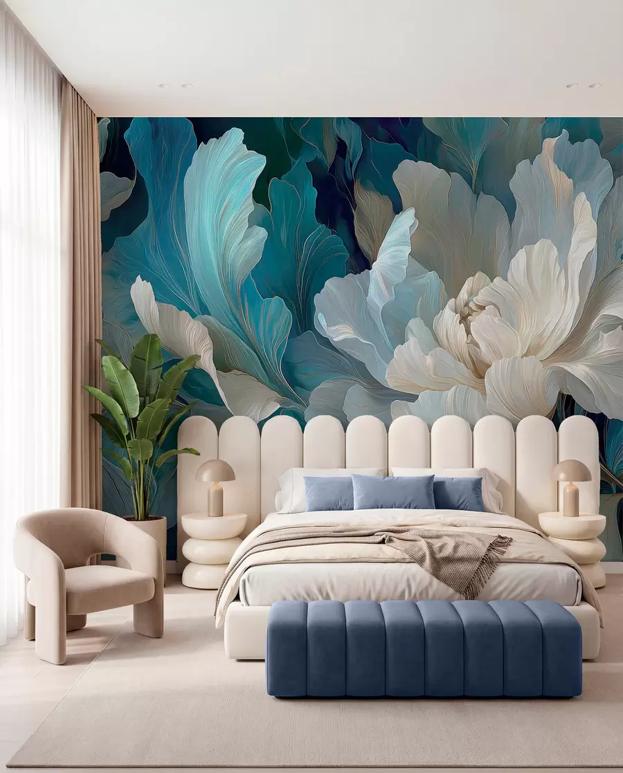 wall murals Delicate volumetric peony in a cool palette w09456