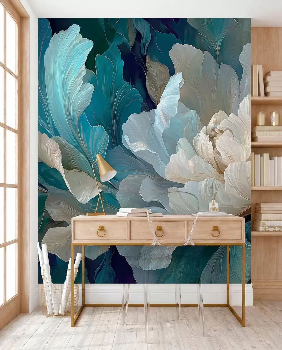 wall murals Delicate volumetric peony in a cool palette w09456