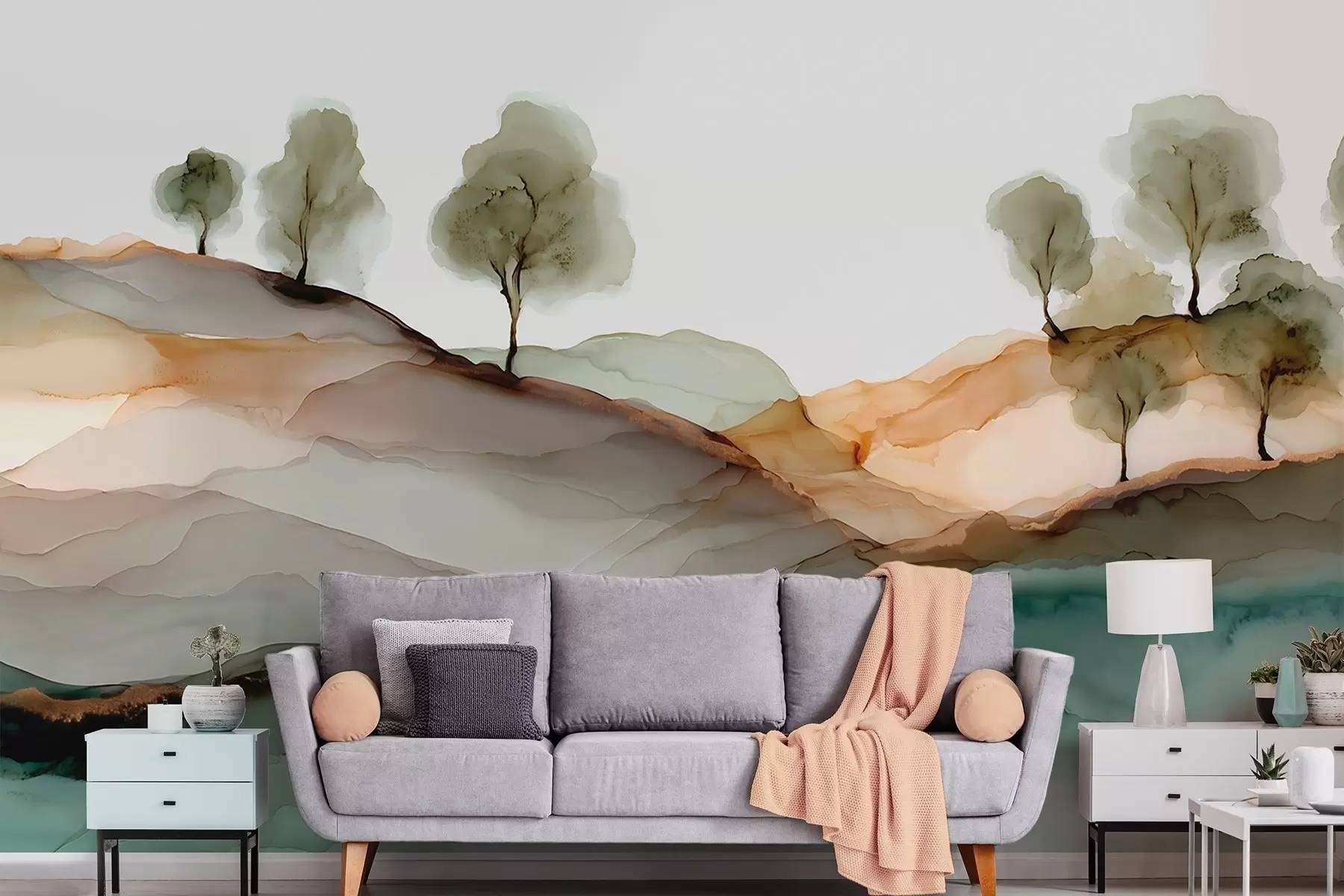 wall murals Abstract landscape in alcohol ink style — hills and trees in pastel tones w09457