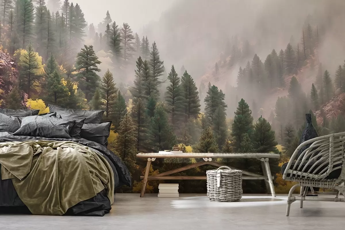 wall murals Atmospheric misty pine forest in the mountains w09463