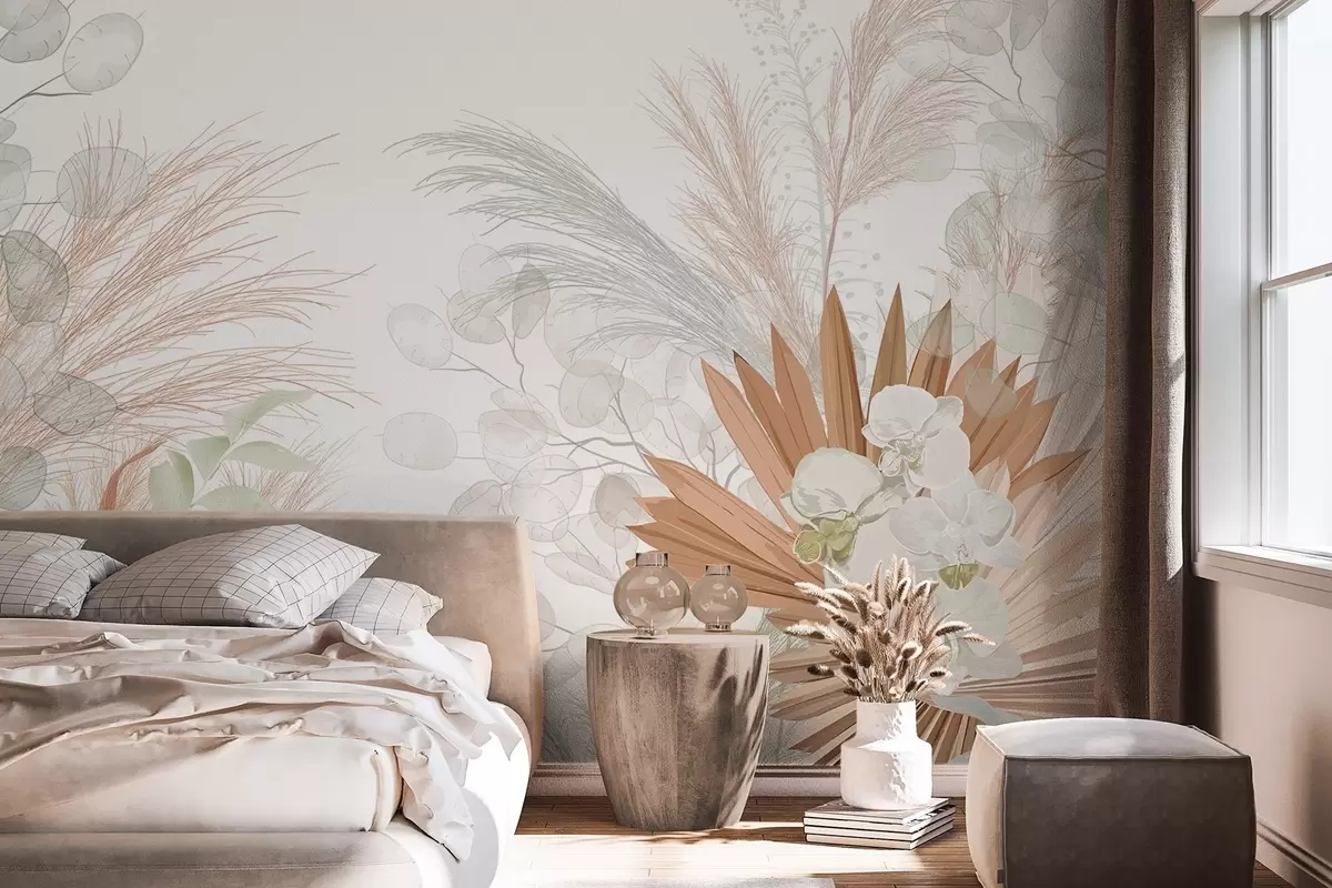 wall murals Pampas grass, eucalyptus, tropical leaves and orchids in a white background, pastel colors w09366