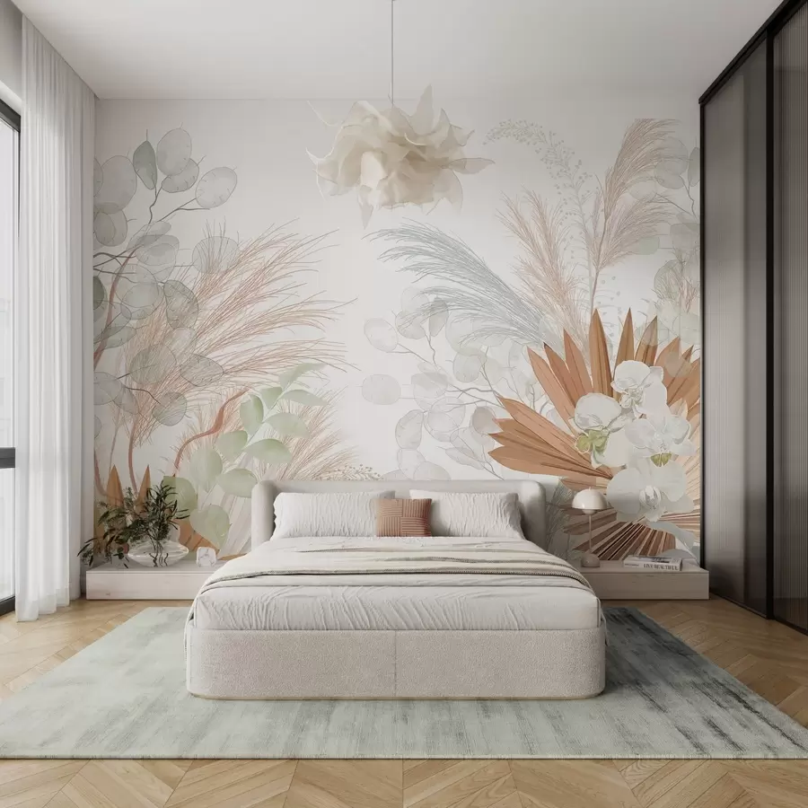 wall murals Pampas grass, eucalyptus, tropical leaves and orchids in a white background, pastel colors w09366