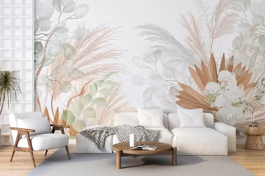 wall murals Pampas grass, eucalyptus, tropical leaves and orchids in a white background, pastel colors w09366