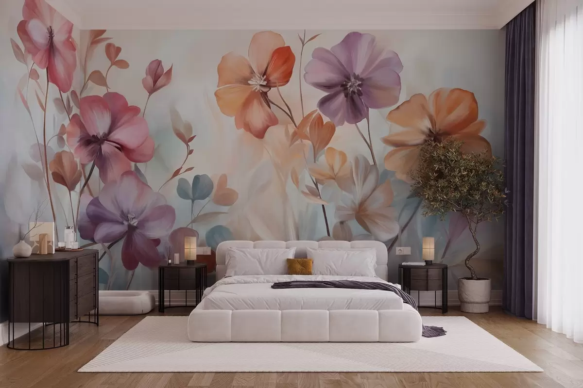 wall murals Textural floral arrangement with pink, purple and orange flowers with green stems and leaves, soft pastel colors w09486