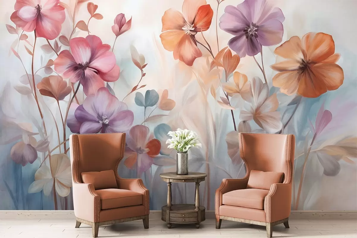 wall murals Textural floral arrangement with pink, purple and orange flowers with green stems and leaves, soft pastel colors w09486