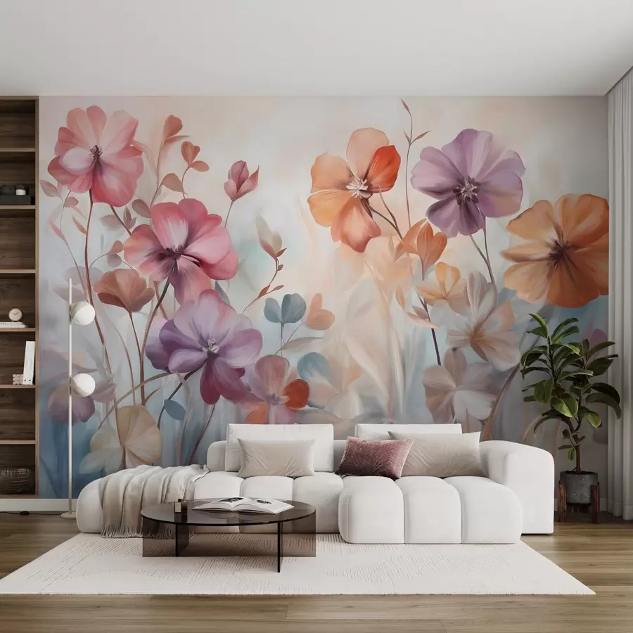 wall murals Textural floral arrangement with pink, purple and orange flowers with green stems and leaves, soft pastel colors w09486