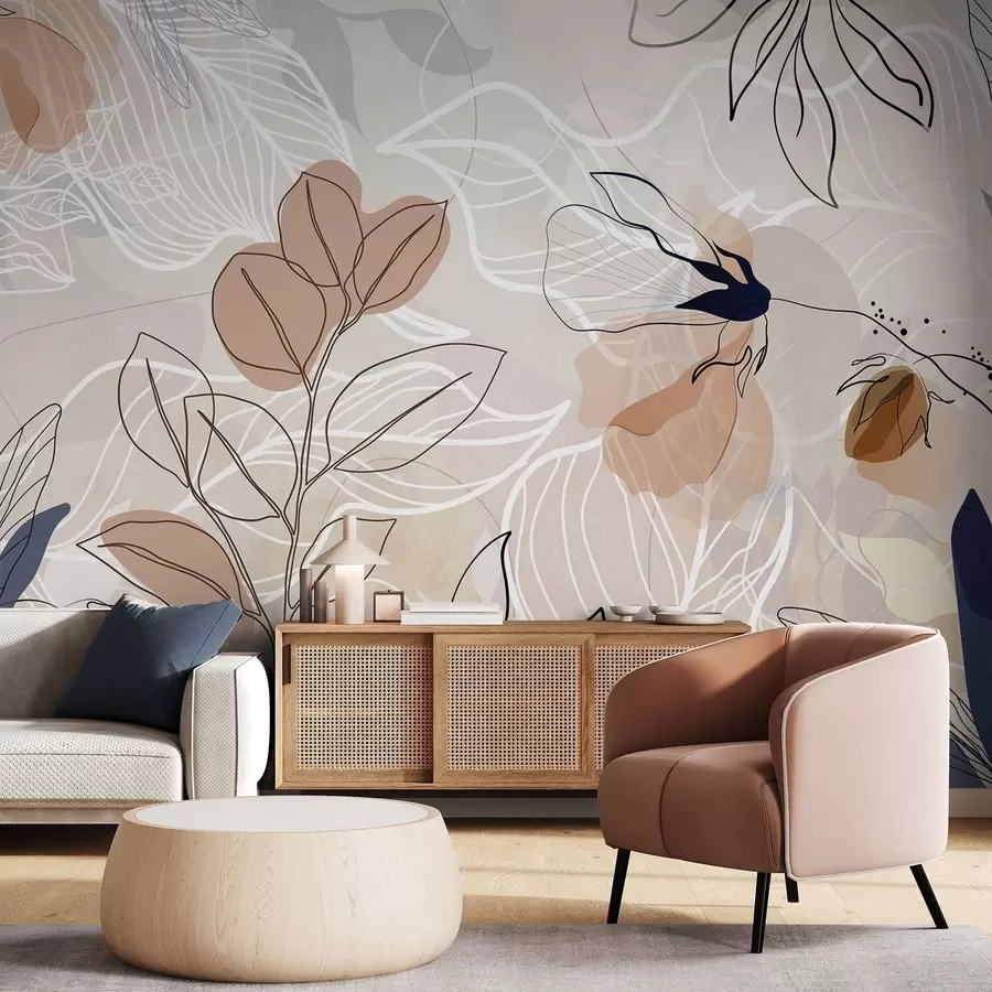wall murals Beige abstract background with leaves and flowers line art, modern, minimalist , organic shapes, botanical print  w09487