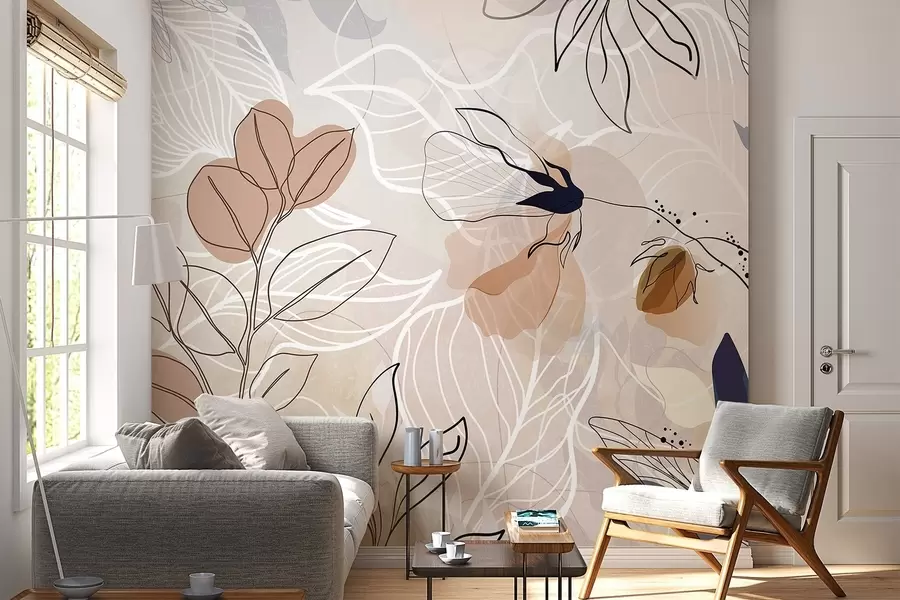 wall murals Beige abstract background with leaves and flowers line art, modern, minimalist , organic shapes, botanical print  w09487