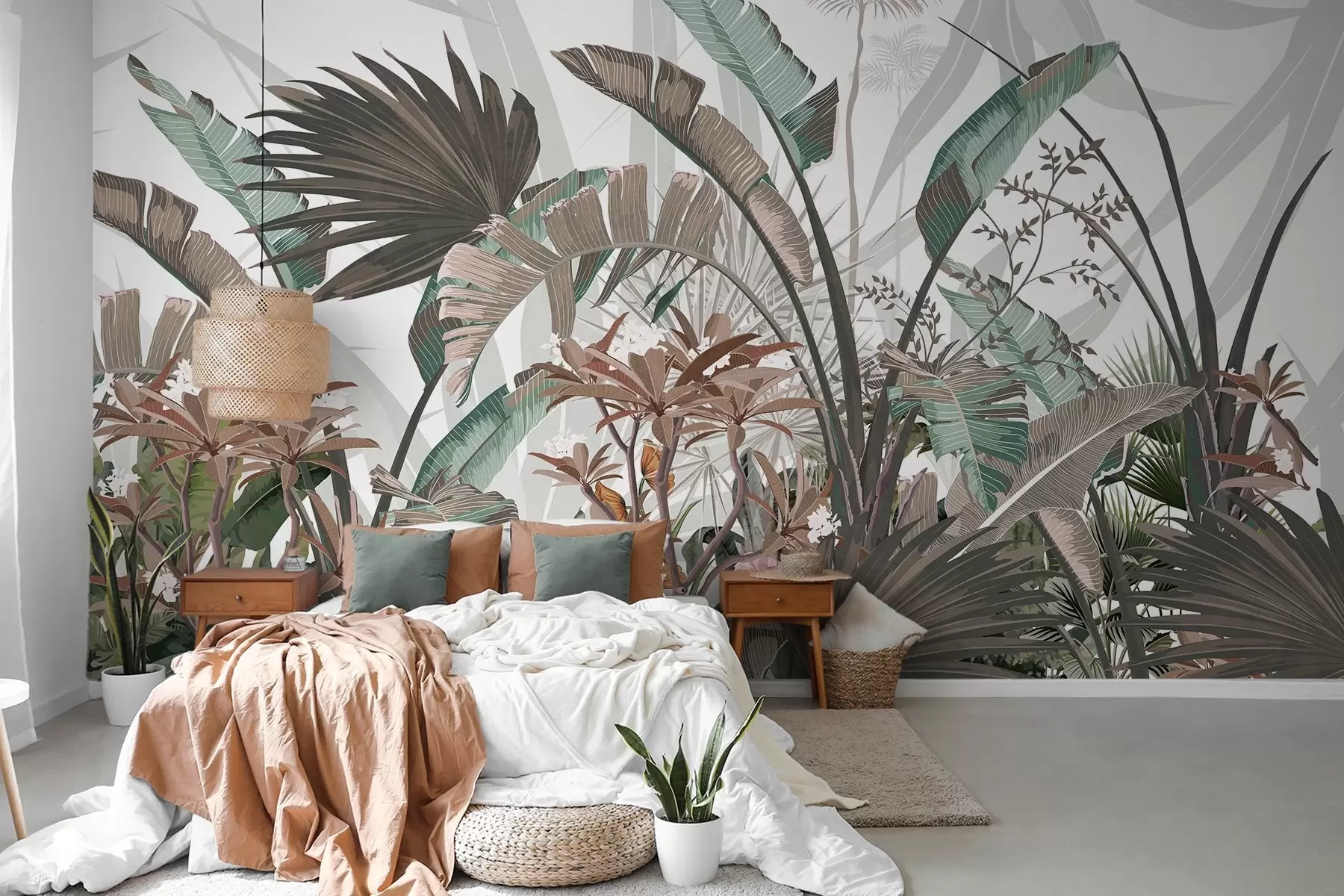 wall murals Tropical textured leaves with flowers, palm trees , plumeria flowers, pastel colors, white background, jungle w09488
