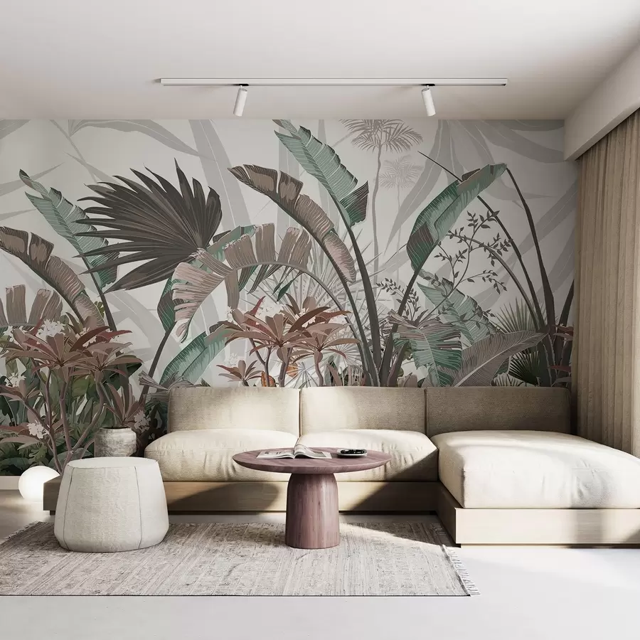 wall murals Tropical textured leaves with flowers, palm trees , plumeria flowers, pastel colors, white background, jungle w09488