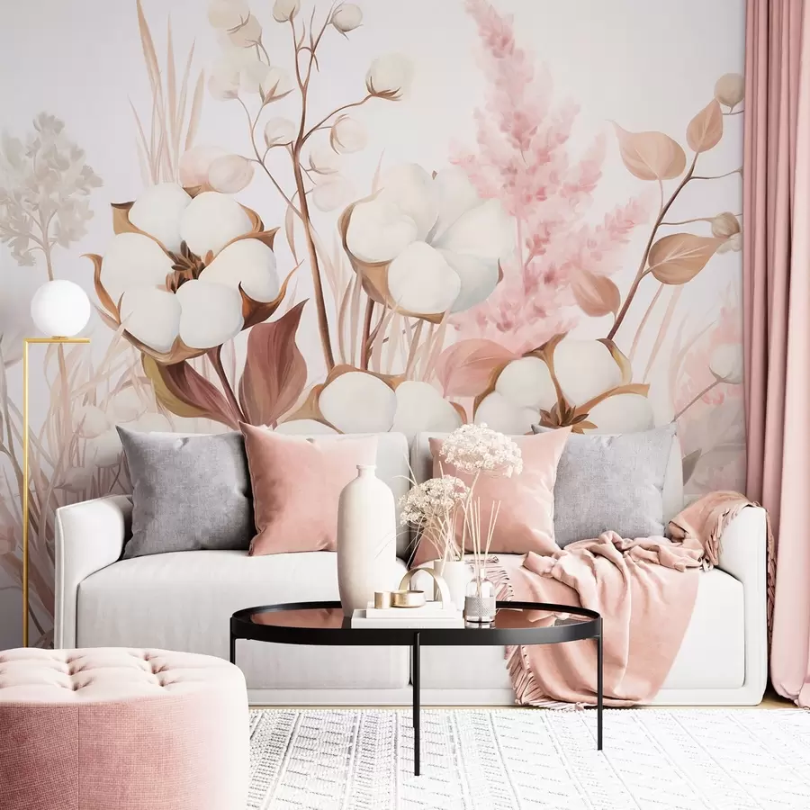 wall murals Cotton textured flowers with white and pink pampas grass, beige and brown leaves and herbs, white background w09489