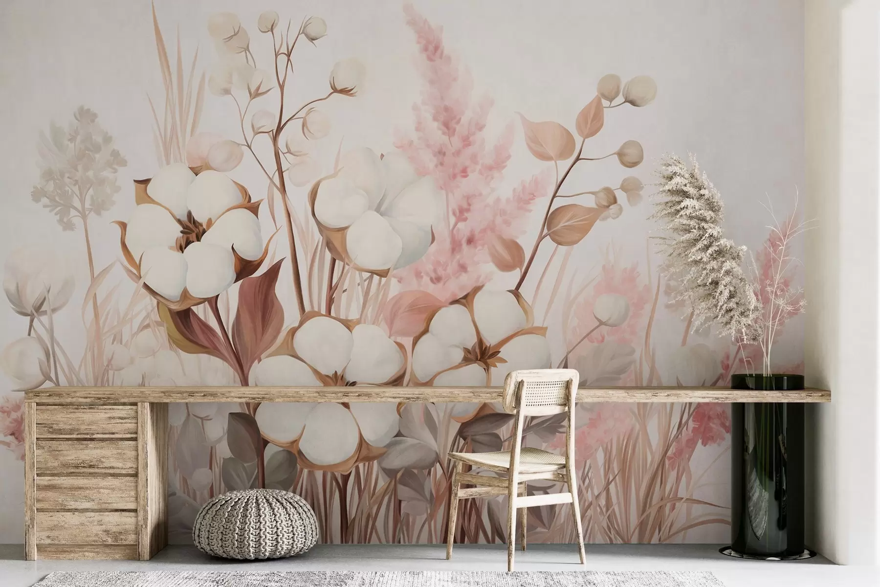 wall murals Cotton textured flowers with white and pink pampas grass, beige and brown leaves and herbs, white background w09489