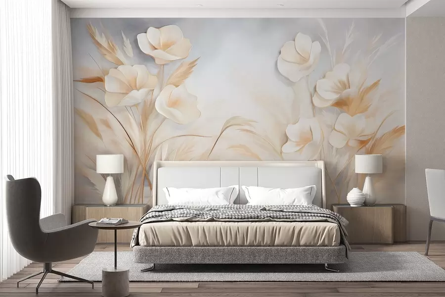 wall murals White flowers, beige reeds and pampas grass, textured, elegant, minimalist style, landscape abstract background w09490