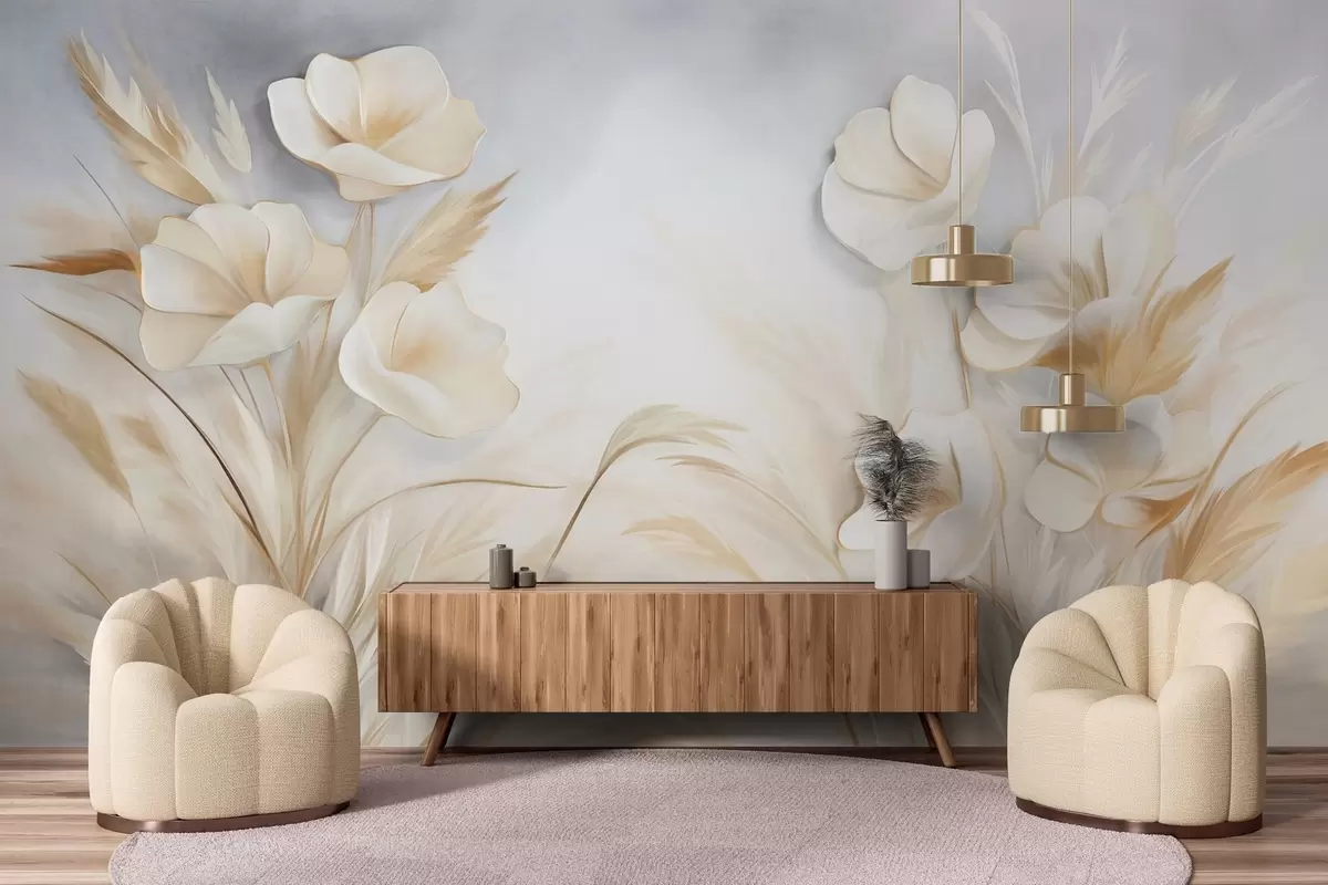wall murals White flowers, beige reeds and pampas grass, textured, elegant, minimalist style, landscape abstract background w09490