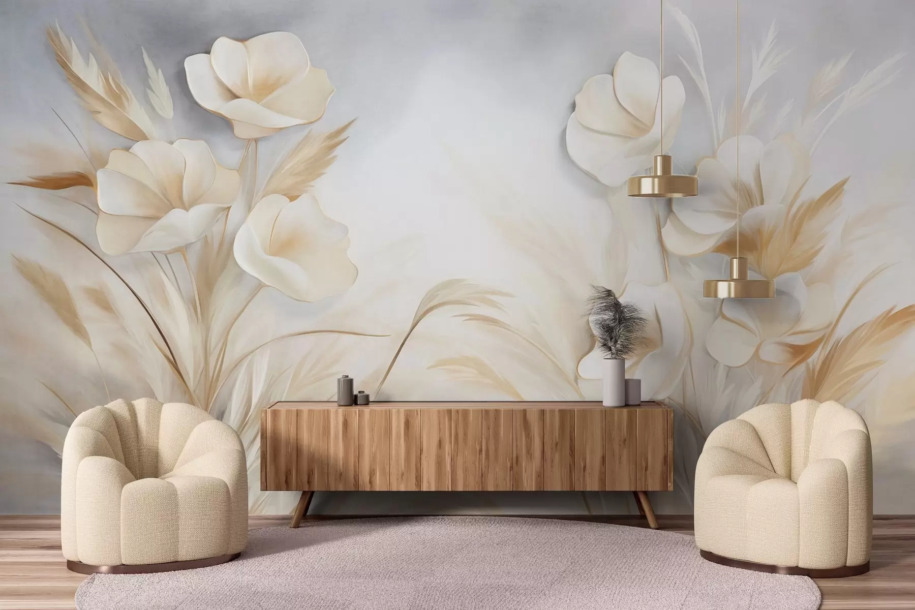 wall murals White flowers, beige reeds and pampas grass, textured, elegant, minimalist style, landscape abstract background w09490