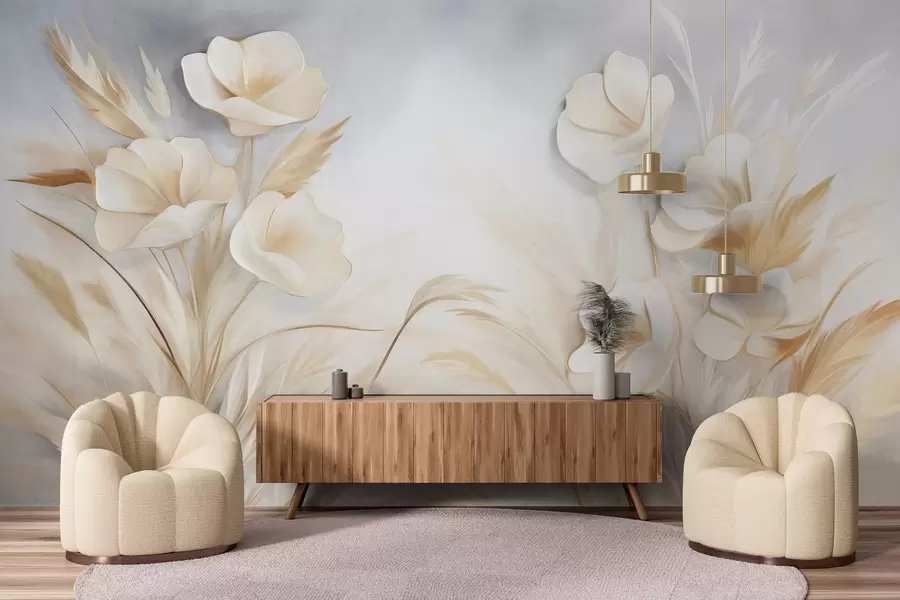 wall murals White flowers, beige reeds and pampas grass, textured, elegant, minimalist style, landscape abstract background w09490