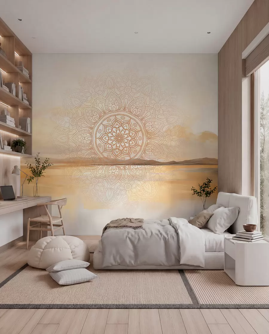 wall murals Textured symmetrical mandala design overlaying a landscape with a sea, hills and sky, soft pastel colors w09491