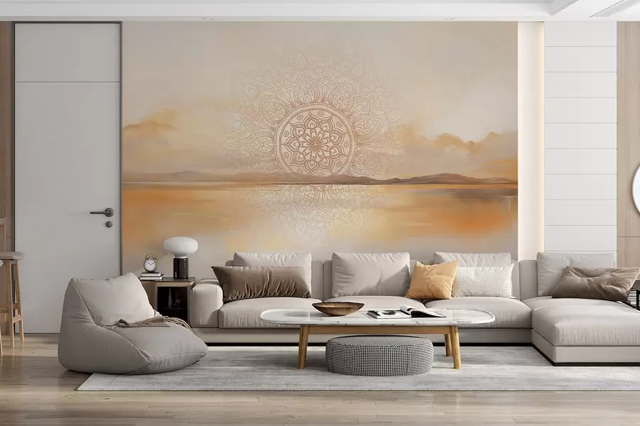 wall murals Textured symmetrical mandala design overlaying a landscape with a sea, hills and sky, soft pastel colors w09491