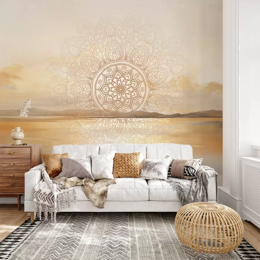 wall murals Textured symmetrical mandala design overlaying a landscape with a sea, hills and sky, soft pastel colors w09491