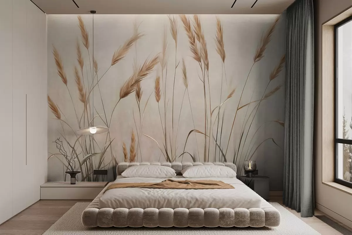 wall murals Wheat textured field with yellow ears of grain, beige background, natural lighting, warm tones, detailed brushstrokes w09493