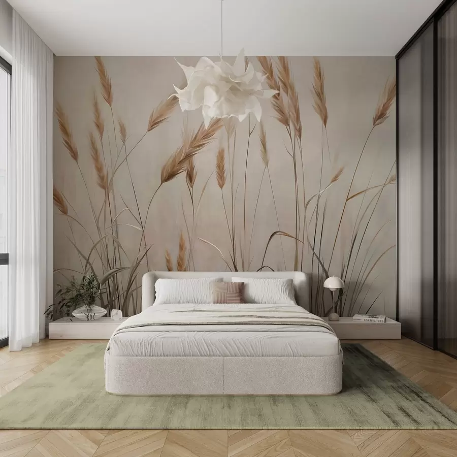 wall murals Wheat textured field with yellow ears of grain, beige background, natural lighting, warm tones, detailed brushstrokes w09493