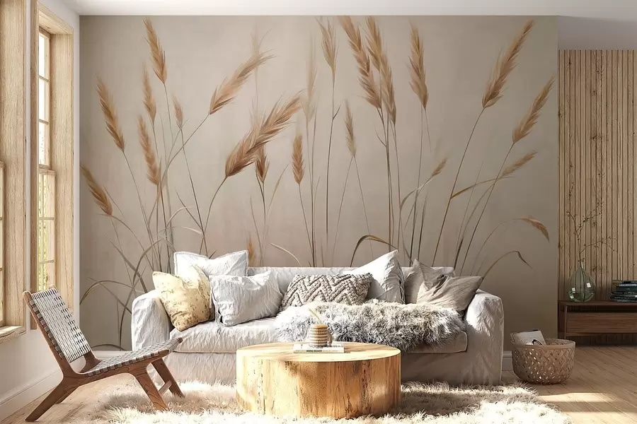 wall murals Wheat textured field with yellow ears of grain, beige background, natural lighting, warm tones, detailed brushstrokes w09493