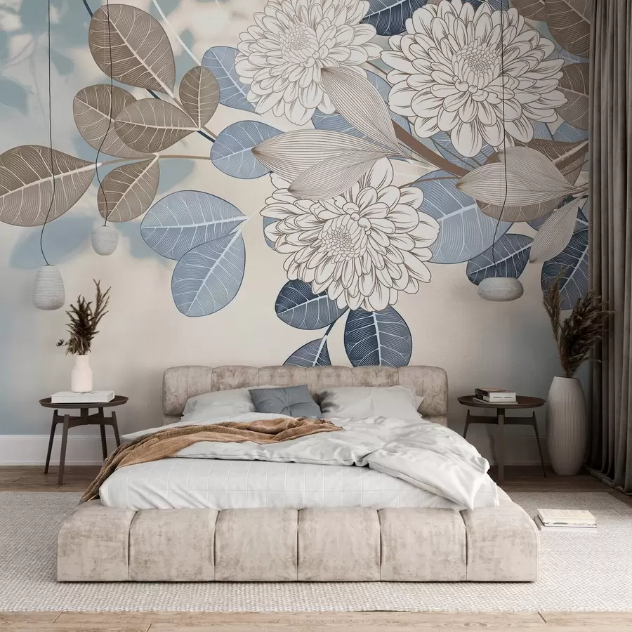 wall murals White flowers with blue and brown leaves, light blue textured background, floral arrangement , detailed line art w09496