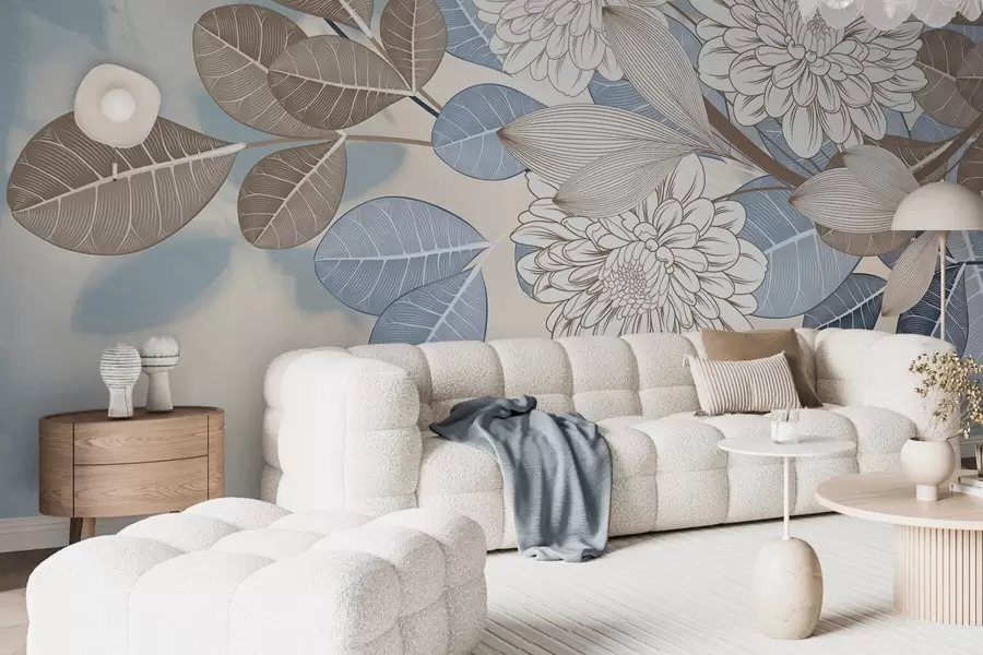 wall murals White flowers with blue and brown leaves, light blue textured background, floral arrangement , detailed line art w09496