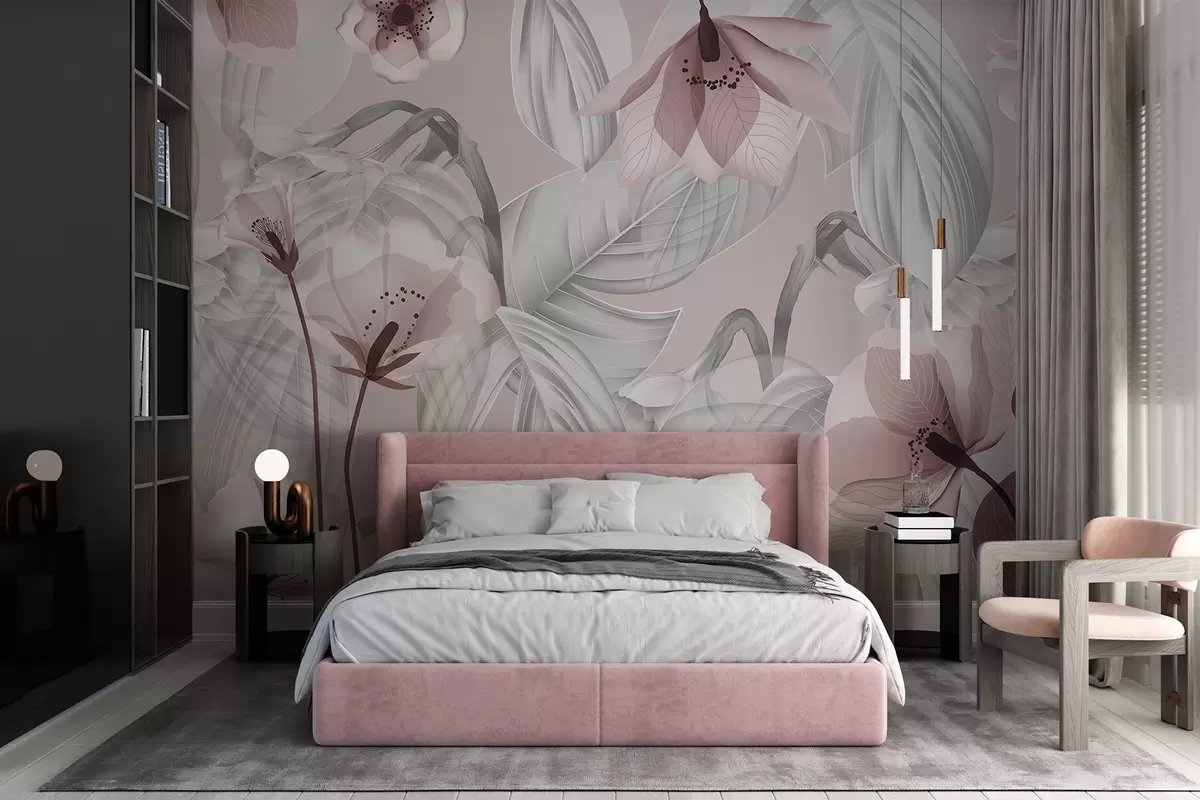 wall murals Pink flowers and grey leaves, floral botanical background, elegant design, soft colors, light delicate details w09497