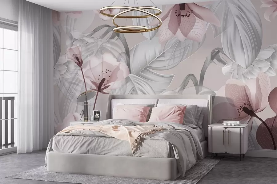 wall murals Pink flowers and grey leaves, floral botanical background, elegant design, soft colors, light delicate details w09497