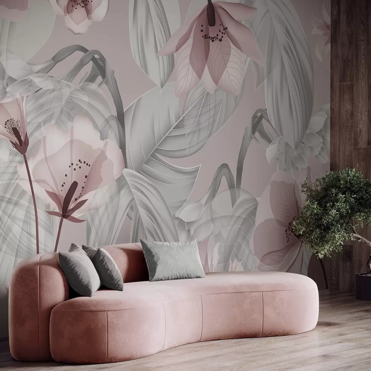 wall murals Pink flowers and grey leaves, floral botanical background, elegant design, soft colors, light delicate details w09497