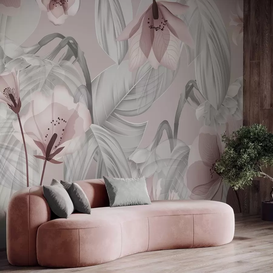 wall murals Pink flowers and grey leaves, floral botanical background, elegant design, soft colors, light delicate details w09497